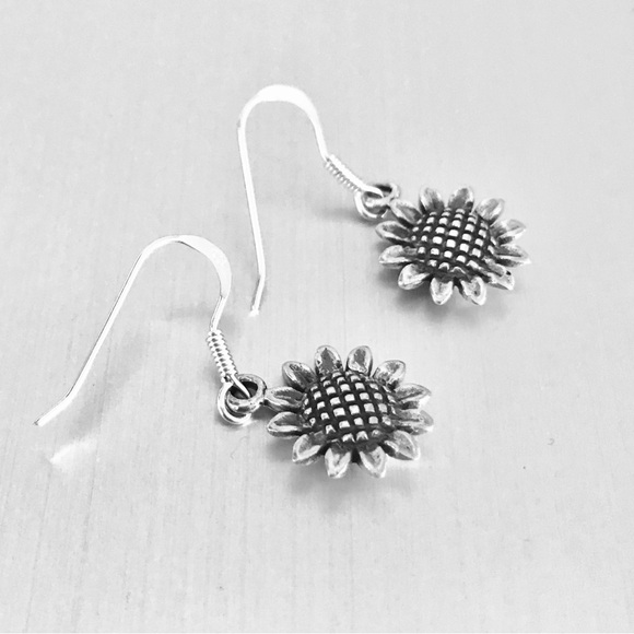 Sterling Silver Dangling Sunflower Earrings, Silver Earring, Flower Earrings - Picture 6 of 8